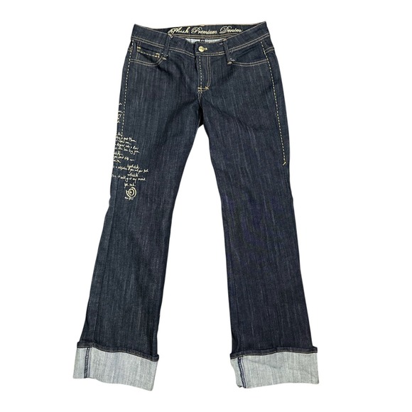 Plush Premium Denim Denim - Plush Premium Denim Y2K Script Embroidered Bootcut Jeans Dark Wash Cuffed SZ 27